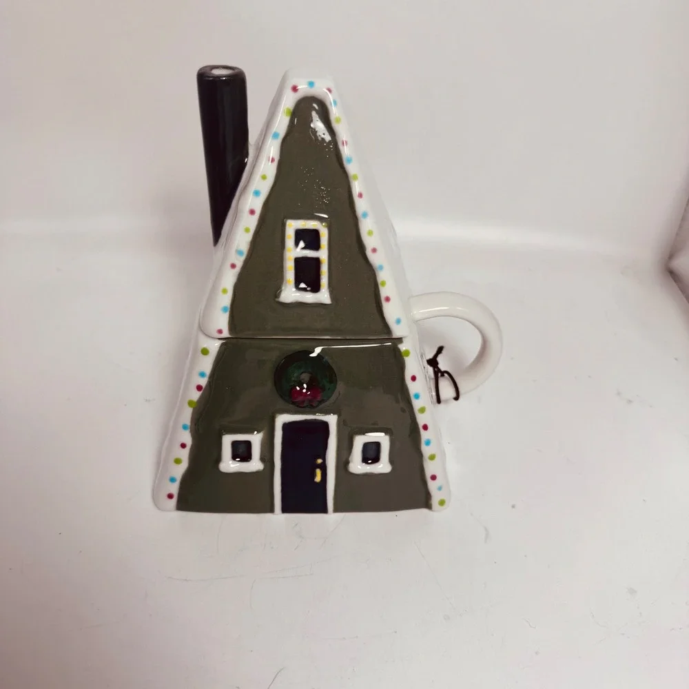 West Elm‎ A-Frame Cabin Mug with Lid Christmas Holiday Ceramic Cottage House New